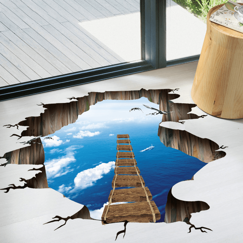 Miico Creative 3D Sky Suspension Bridge Broken Wall Removable Home Room Decorative Wall Door Decor Sticker - MRSLM