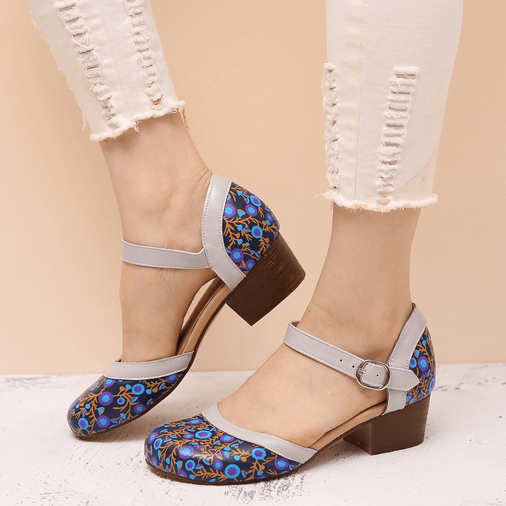 LOSTISY Women Printed round Toe Ankle Strap Block Heel Casual Heels Pumps - MRSLM