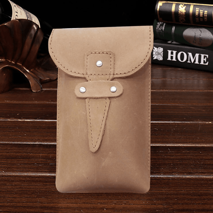 Men Genuine Leather Waterproof Vintage Casual 5.8 Inch Phone Bag Cowhide Waist Bag with Hook - MRSLM