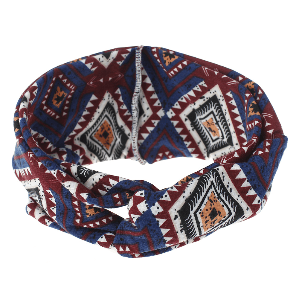 Women Bohemian Style Diamond Lattice Pattern Casual Outdoor Headdress Elastic Cross Tie Wide Brim Headband - MRSLM