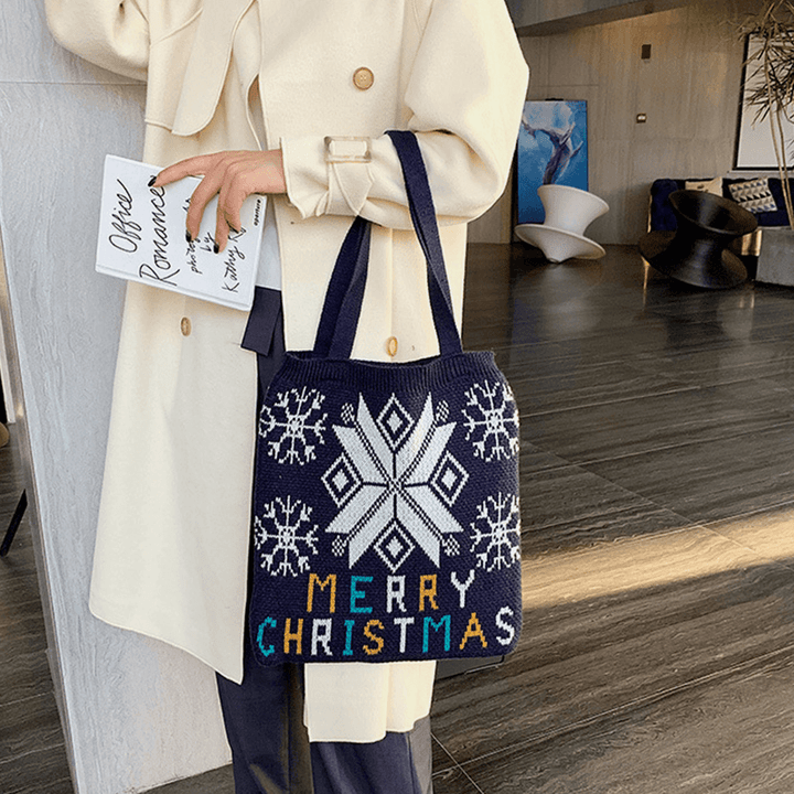 Women Wool Christmas Tree Snowflake Letter Pattern Casual Festive Handbag Tote Shoulder Bag - MRSLM