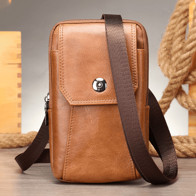 Men Retro Double Layer Cowhide Waist Bag Casual Wear-Resistant 6.5 Inch Phone Bag Belt Bag Crossbody Bag Shoulder Bag - MRSLM