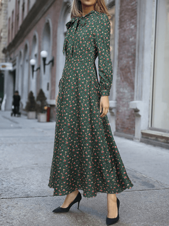 Women Floral Print Lace-Up Long Sleeve Side Zipper Casual Daily Maxi Dress - MRSLM