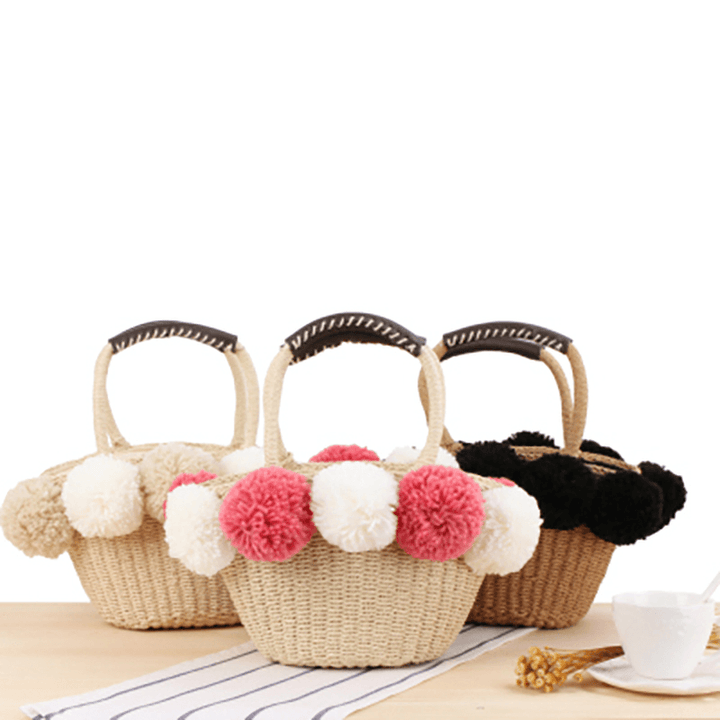 Women Travel Woven Beach Bag Cute Contrast Plush Ball Straw Handbag - MRSLM