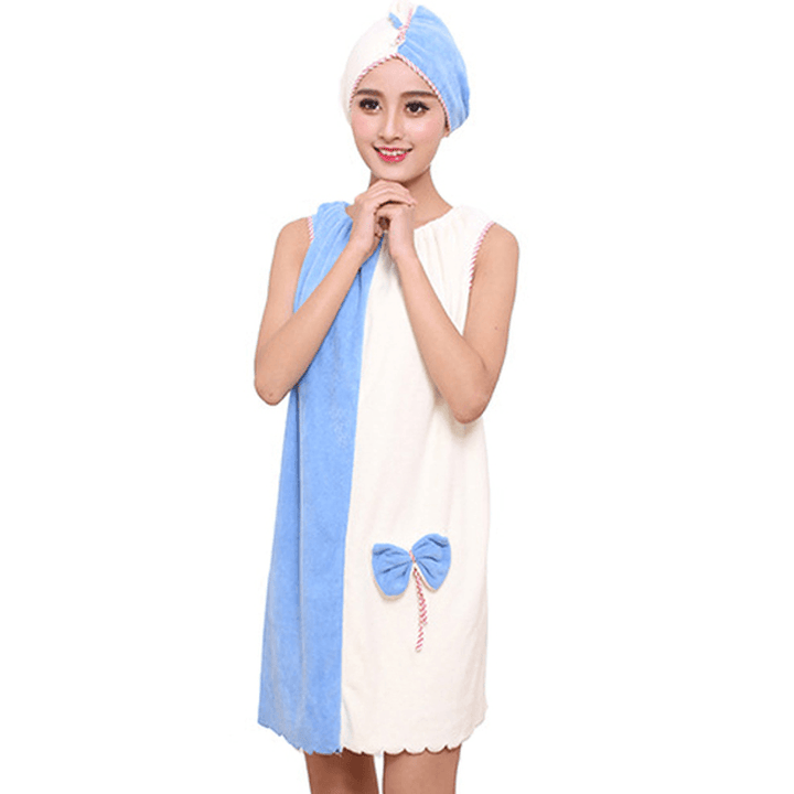 Honana BX-969 Flannel Soft Absorbent Skirts Salon Bathrobe Women SPA Bath Towel with Hair Dry Cap - MRSLM