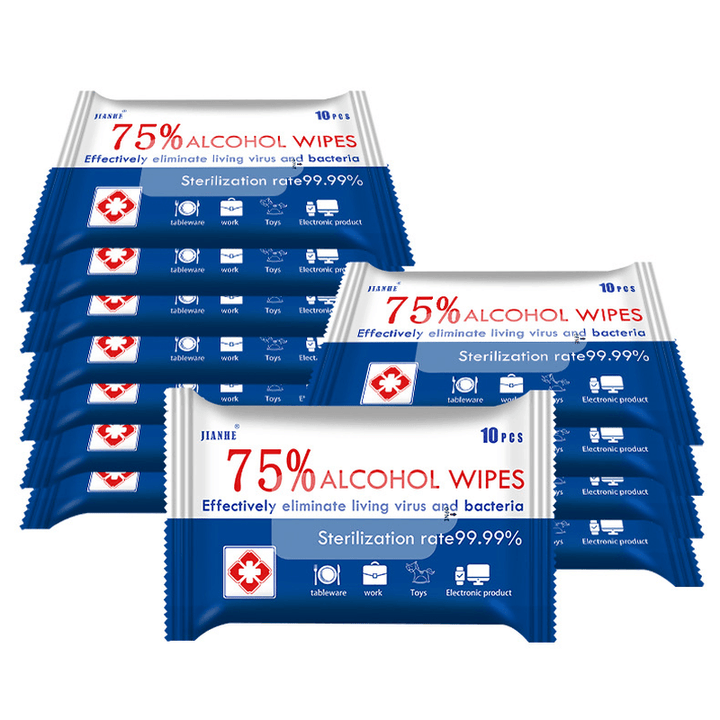 10 PCS 10 Sheets/Pack 75% Alcohol Wipes Portable Hand Towel Swabs Pads Disinfection Cleaning Wet Wipes Outdoor Cleaning Sterilization Wipes Paper - MRSLM