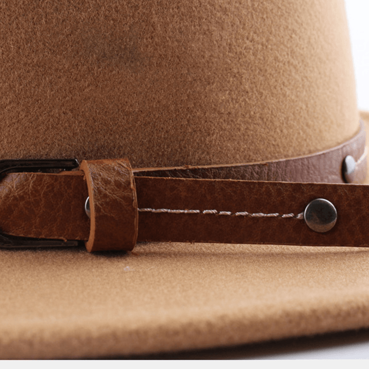 Unisex British Style Leather Belt Buckle Flat Brim Top Hat Fashion Outdoor Wide Brim Felt Hat - MRSLM