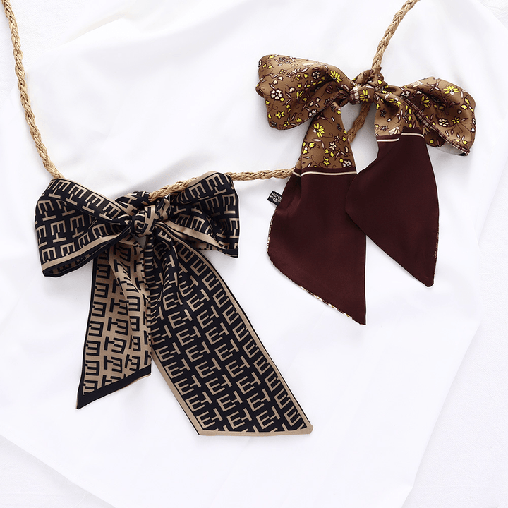 Retro French Forest Tied Hair Small Long Silk Scarf Female Lattice Letter Printing Tie Bag - MRSLM