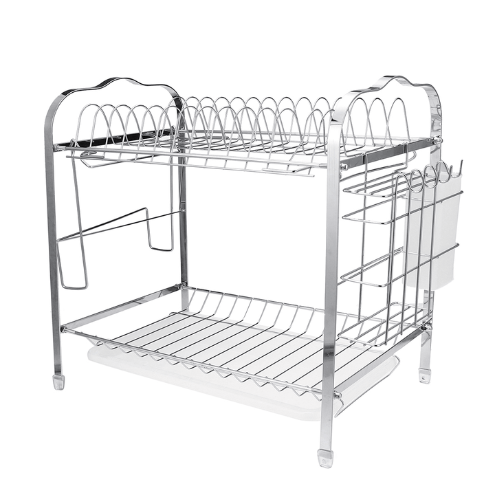 2 Tiers Dish Drying Rack Stainless Steel over Sink Kitchen Cutlery Bowl Storage Holder - MRSLM