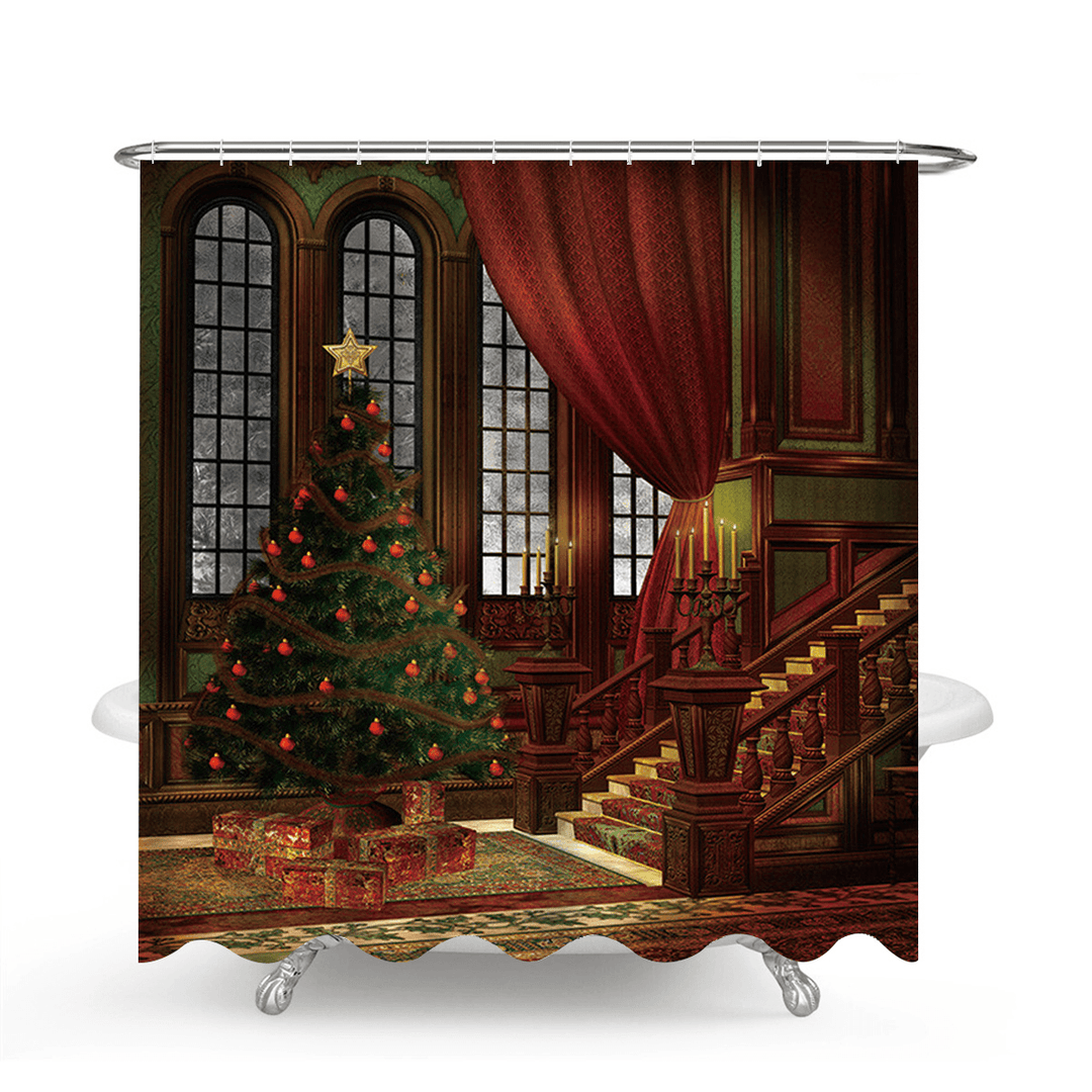 3D Bathroom Sets Christmas Trees Fireplace Shower Curtain Bath Mats Toilet Rugs Anti-Slip Carpet Festival Decor - MRSLM