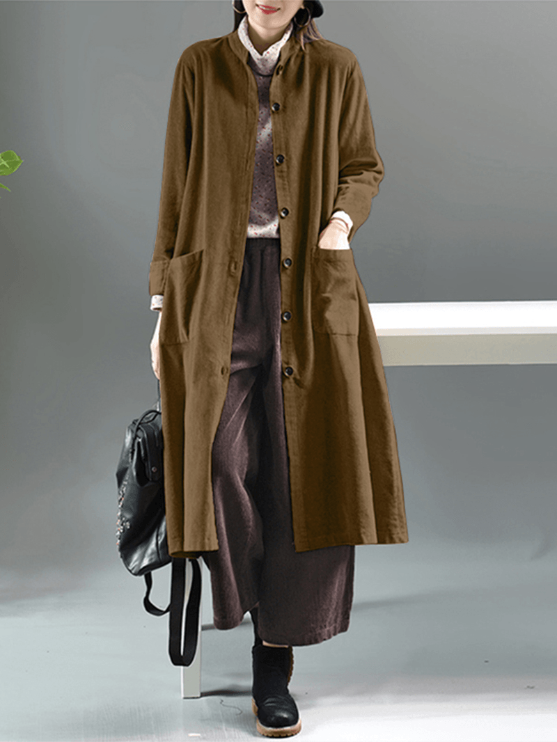 Women Corduroy Vintage Artsy Long Sleeve Mid-Calf Length Pocket Outwear - MRSLM