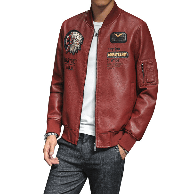 Men'S PU Leather Baseball Collar Embroidered Motorcycle Jacket - MRSLM