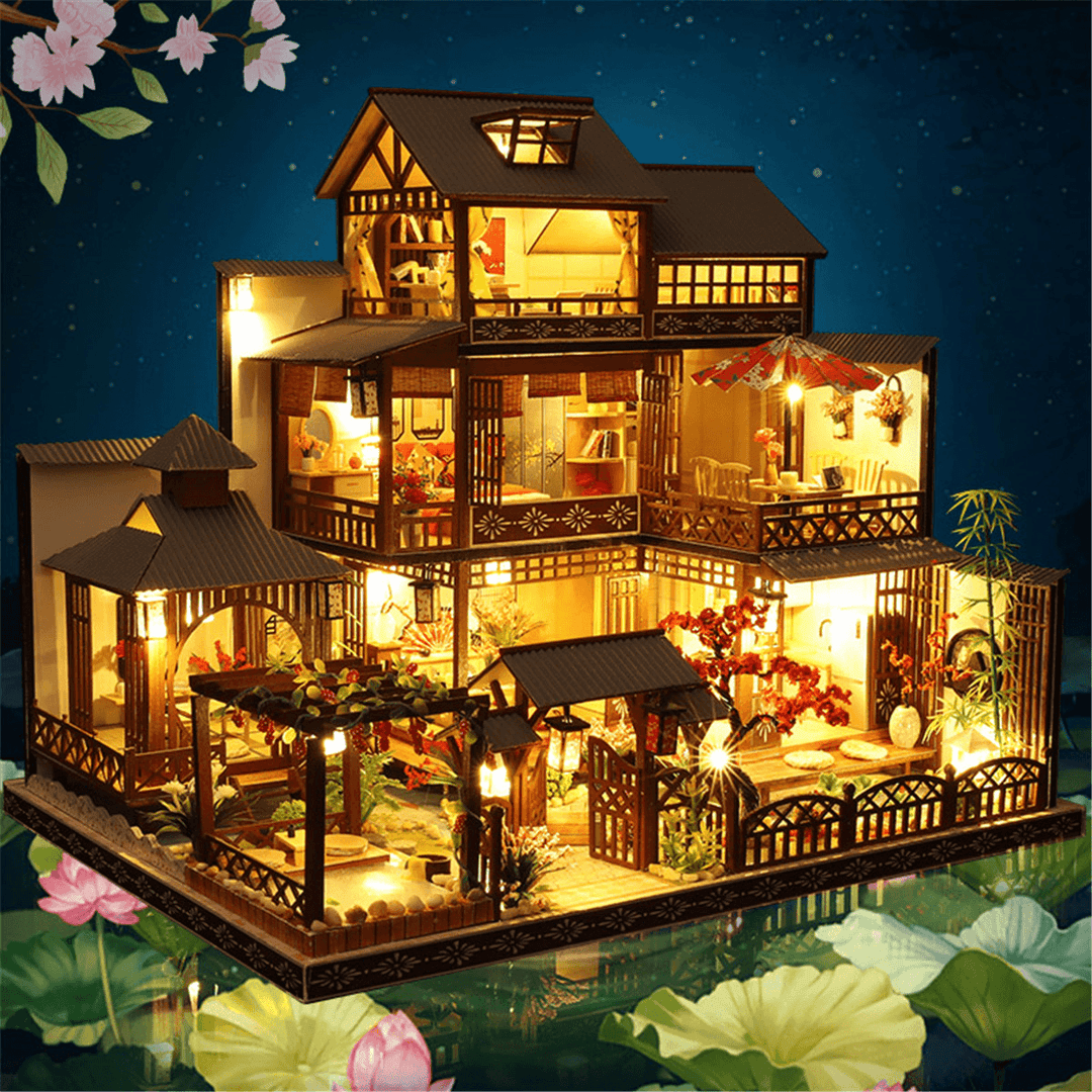 Wooden DIY Japanese Villa Doll House Miniature Kits Handmade Assemble Toy with Furniture LED Light for Gift Collection Home Decor - MRSLM