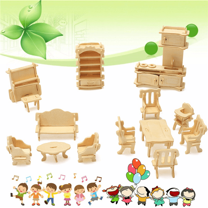 34 Pcs 3D DIY Wooden Miniature Dollhouse Furniture Model Unpainted Suite Toys - MRSLM