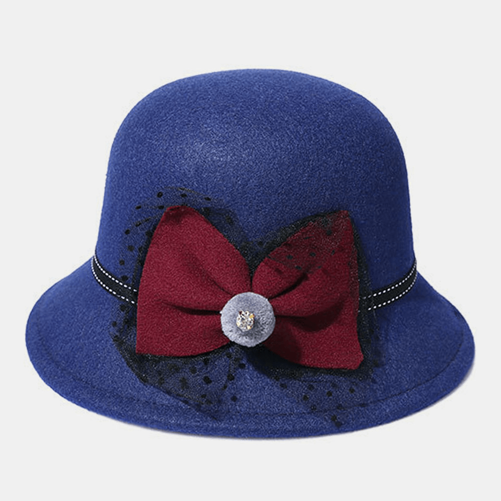 Women Winter Outdoor Cool Protection Warm Top Hat Felt Bow Decoration Lace Fedora Hat Bucket Hat - MRSLM