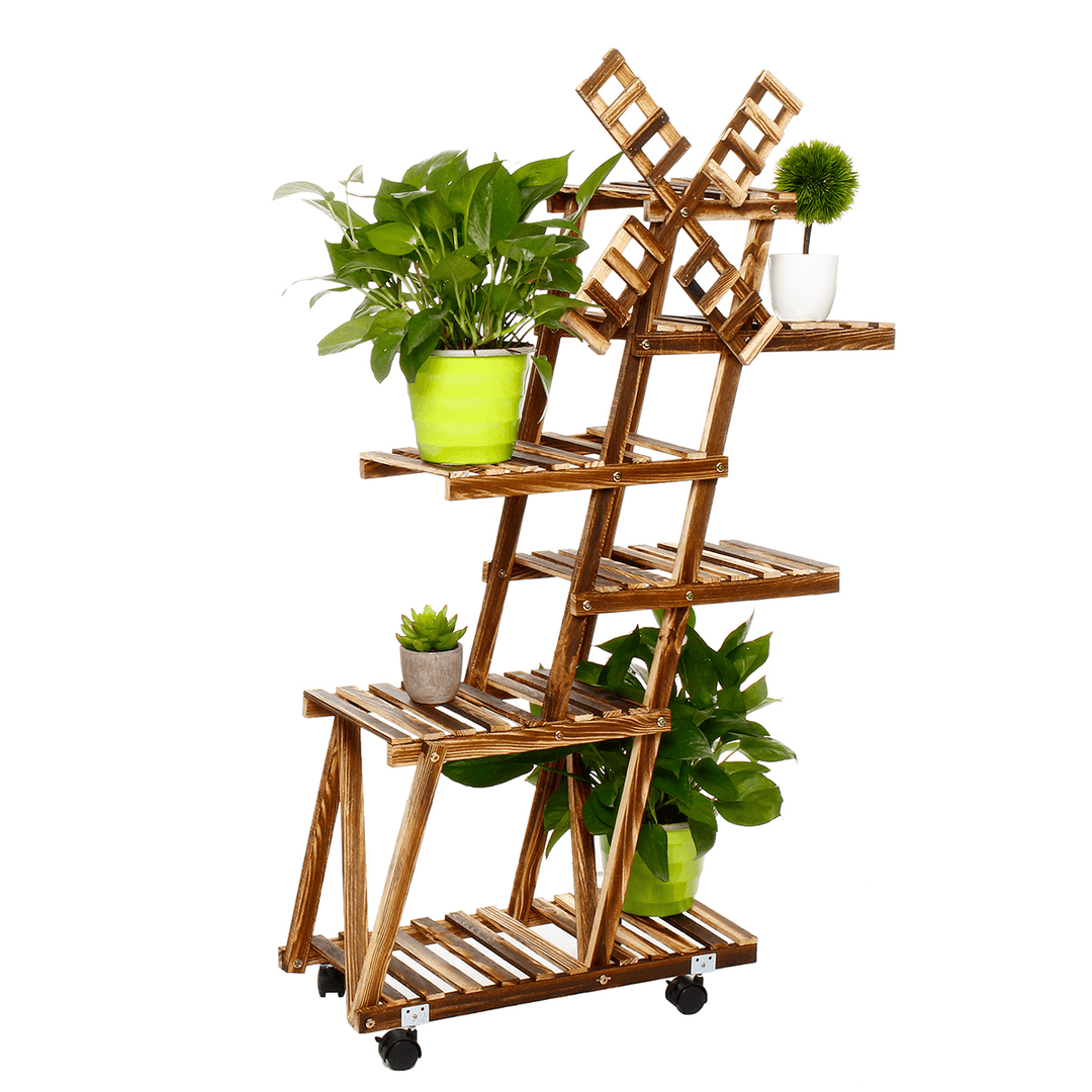 Wooden Plant Stand Windmill-Shape Flower Pots Organizer Shelf Display Rack Holder Bookshelf for Indoor Outdoor Patio Garden Corner Balcony Living Room - MRSLM