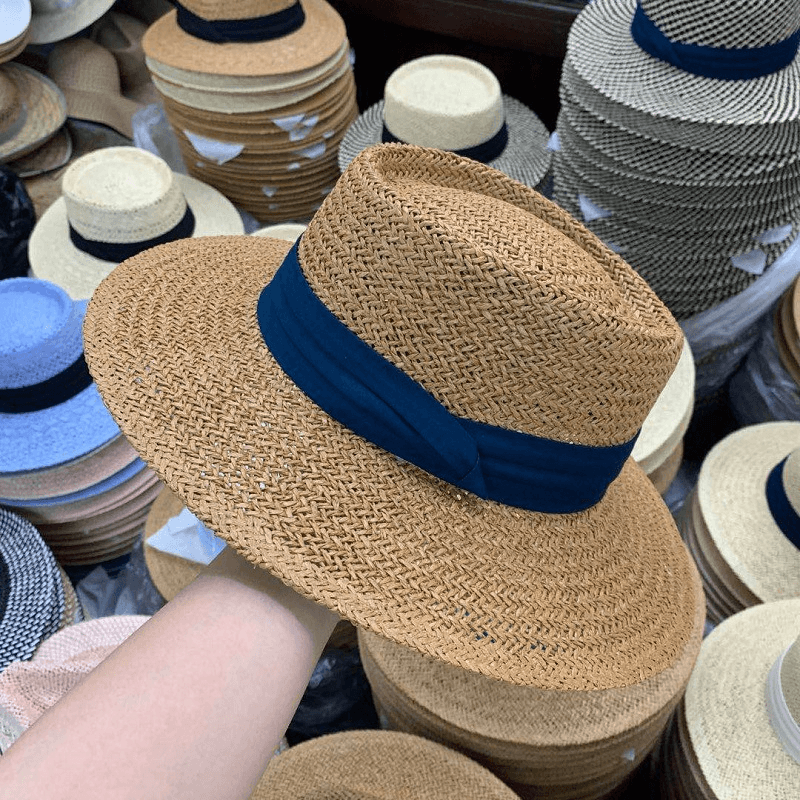 Summer Hat Flat Straw Hat Female Raffia Straw Hat Beach Vacation Sun Shade Sun Hat Fisherman Hat Net Red - MRSLM