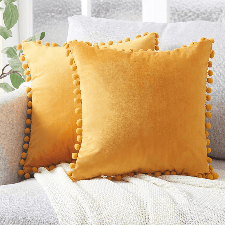 45*45Cm Soft Velvet Pillow Covers Cute Pom Poms Throw Pillow Covers Square Cushion Case for Sofa Couch Home Decor - MRSLM