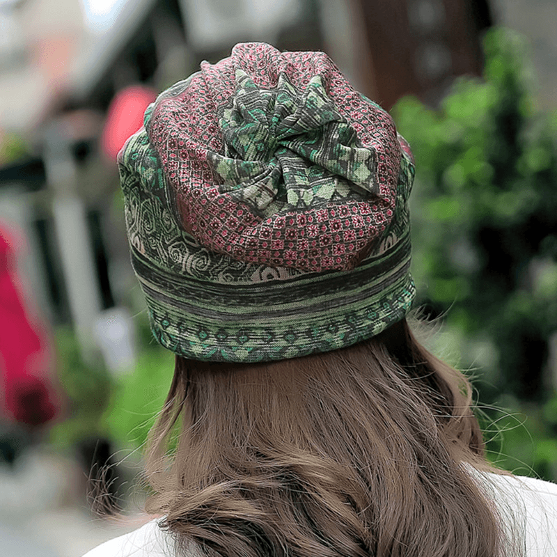 Women Cotton Ethnic Plaid Multifunctional Beanie Hat Scarf Vintage Good Elastic Turban Caps - MRSLM