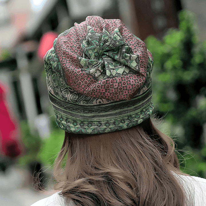 Women Cotton Ethnic Plaid Multifunctional Beanie Hat Scarf Vintage Good Elastic Turban Caps - MRSLM