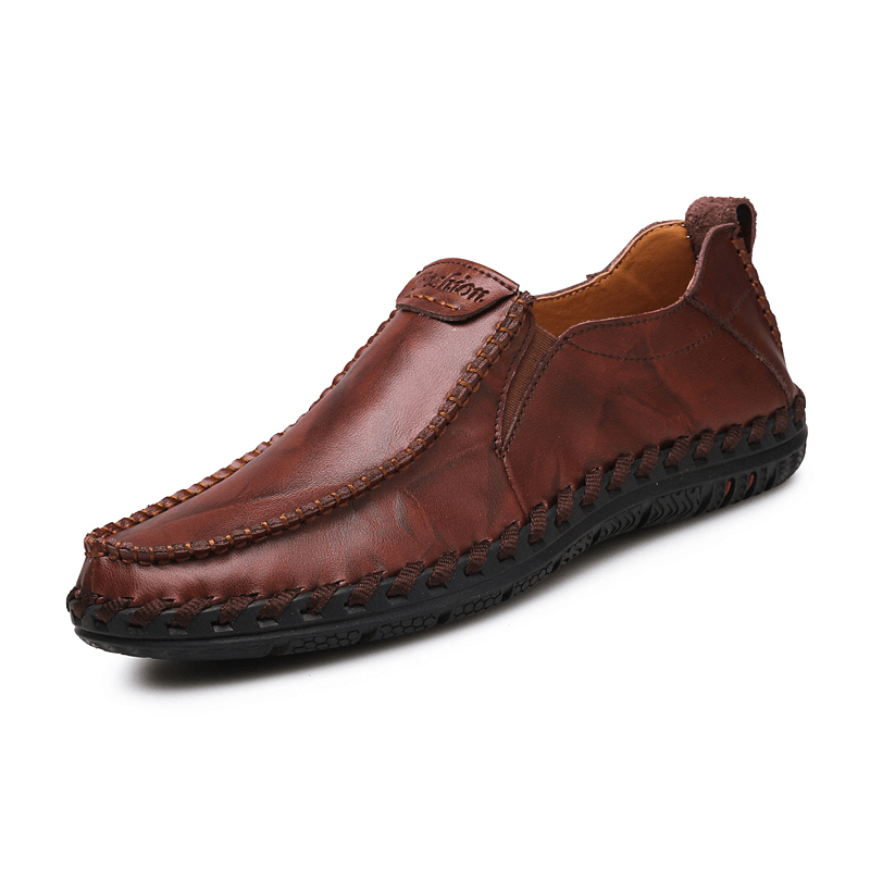 Men Hand Stitching Sfot Leather Non Slip Sole Comfy Slip-On Casual Driving Shoes - MRSLM