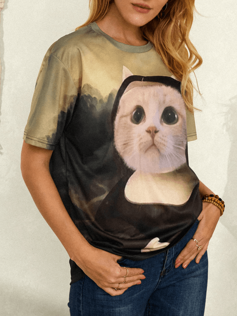 Women Funny Cat Print round Neck Short Sleeve T-Shirts - MRSLM