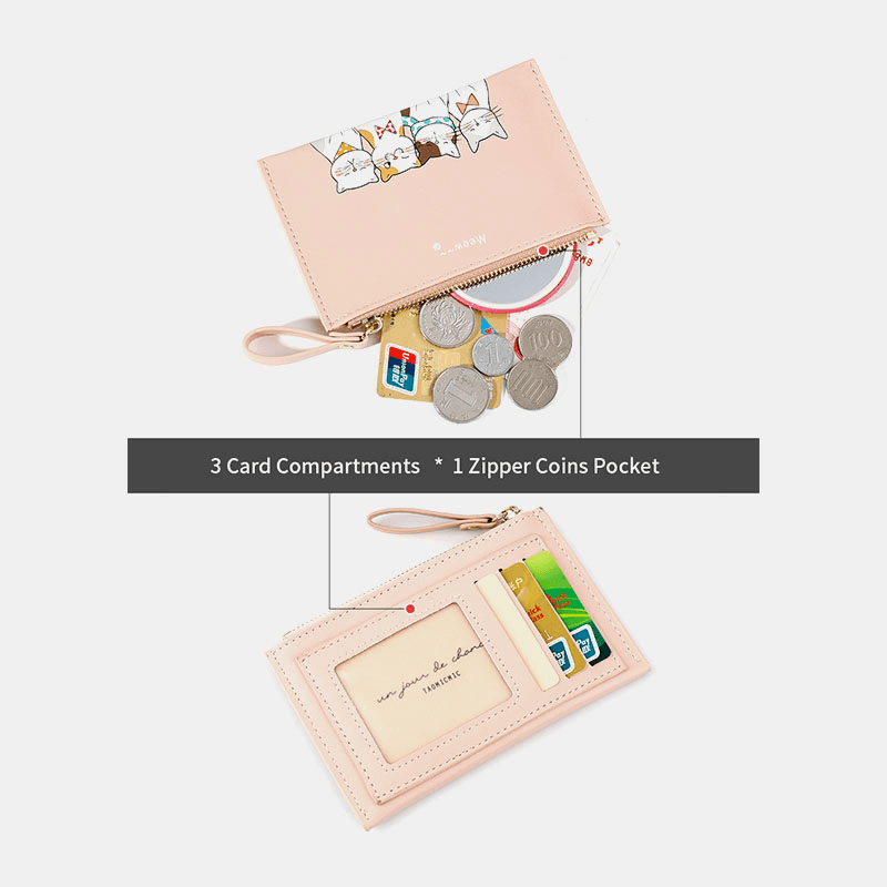 Women Faux Leather Cute Cartoon Cats Printing Ultra-Thin Card Case Coin Bag Wallet - MRSLM