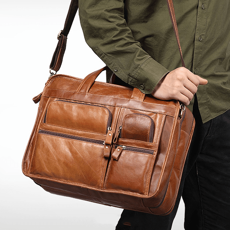 Men Ekphero Vintage Genuine Leather Large Capacity Business Handbag Crossbody Bag - MRSLM