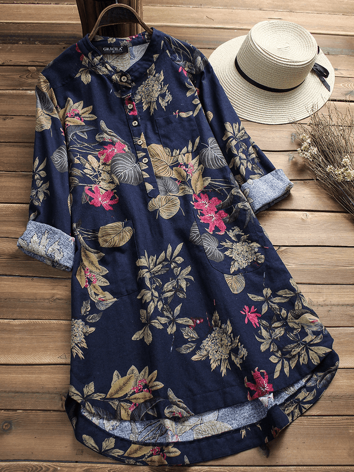 M-5XL Women Retro Buttons Long Sleeve Cotton Vintage Floral Blouse - MRSLM