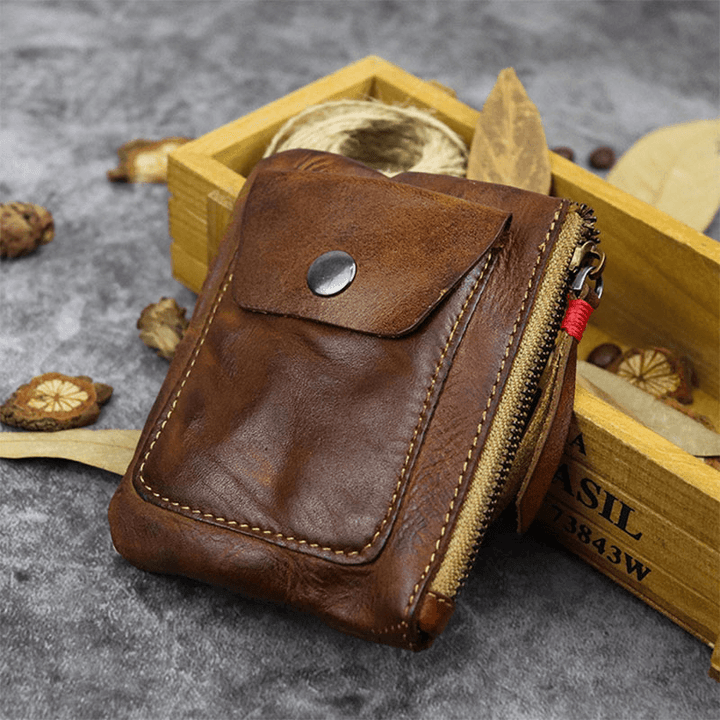 Men Genuine Leather Vegetable Tanned Leather Thin Zipper Wallet Fold Large Capacity Card Holder Money Clip Coin Purse - MRSLM