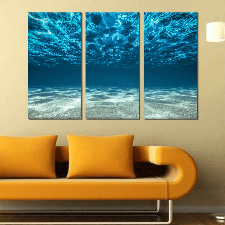 Miico Hand Painted Three Combination Decorative Paintings Light Blue Seawater Wall Art for Home Decoration - MRSLM