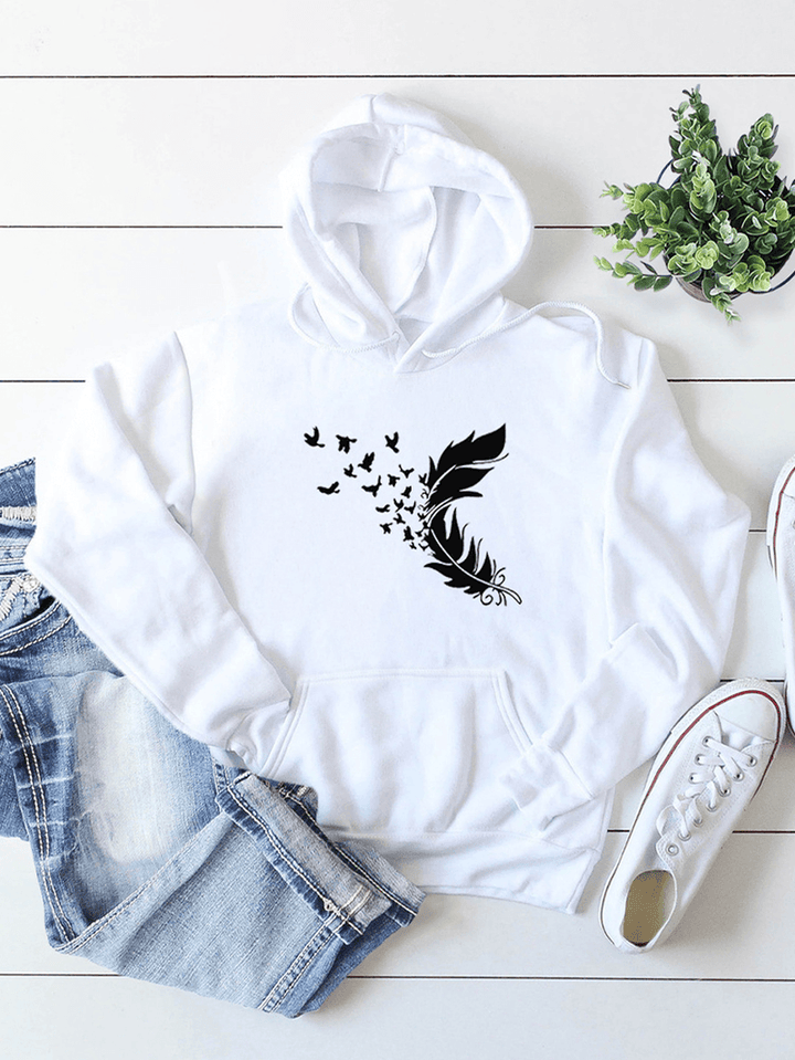 Women Feather Print Long Sleeve Casual Drawstring Pullover Hoodies - MRSLM