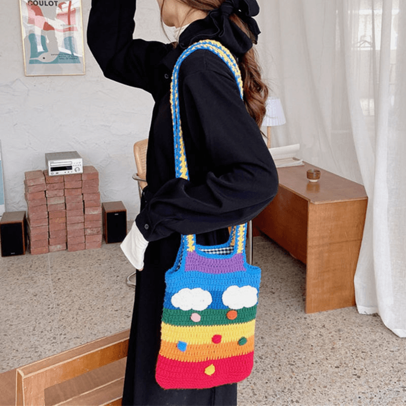 Women Rainbow Stripe Cartoon Cute Casual Youth Wool Knitted Bag Handbag Tote Crossbody Bag - MRSLM