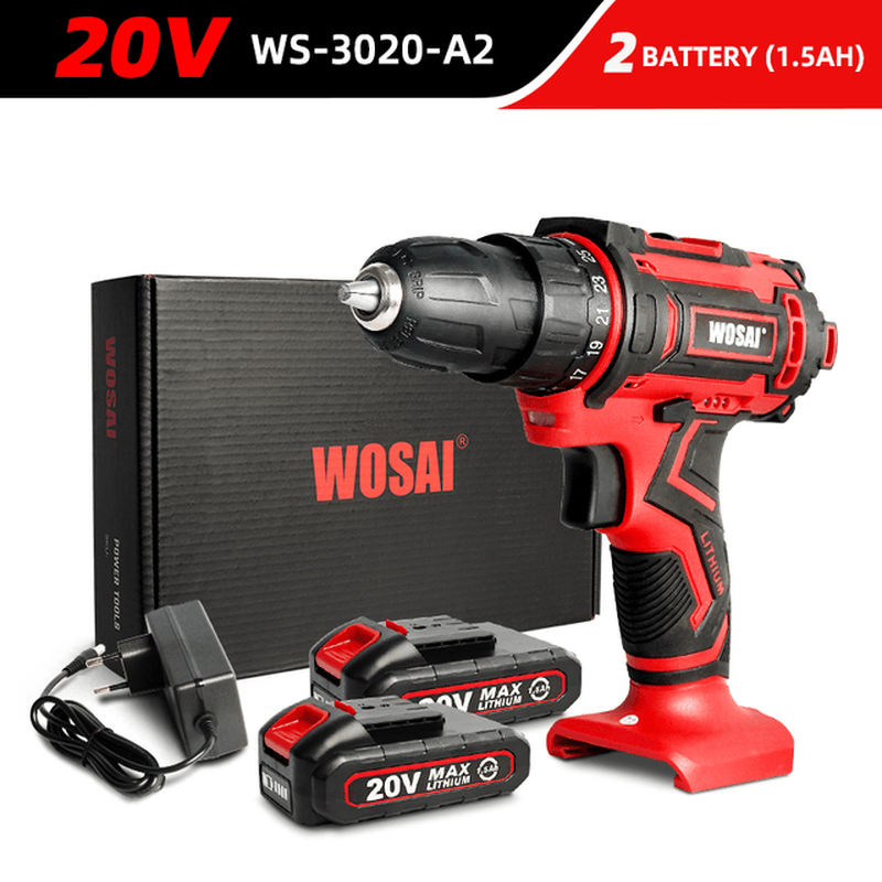 WOSAI 20V Cordless Drill Electric Screwdriver 3/8 Inch Mini Wireless Power Driver DC Lithium-Ion Battery - MRSLM