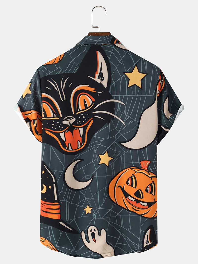 Mens Halloween Pumpkin Full Printed Cat Short Sleeve Casual Shirt - MRSLM