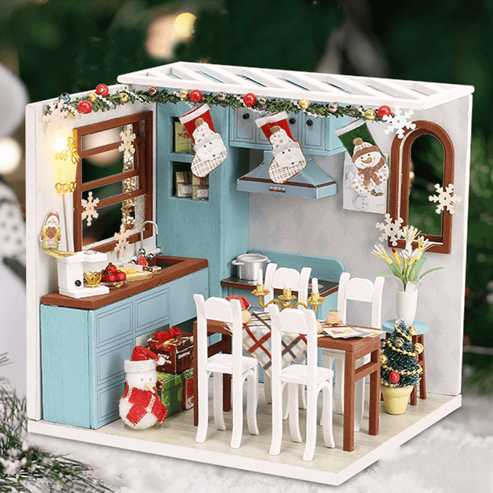 Wooden Dining Room DIY Handmade Assemble Doll House Miniature Furniture Kit Education Toy with LED Light for Collection Birthday Gift - MRSLM