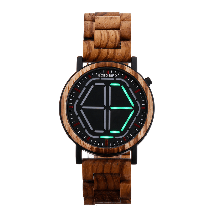 BOBO BIRD Creative Night Vision Wooden Watch Colorful LED Unique Time Display Men Quartz Watch - MRSLM