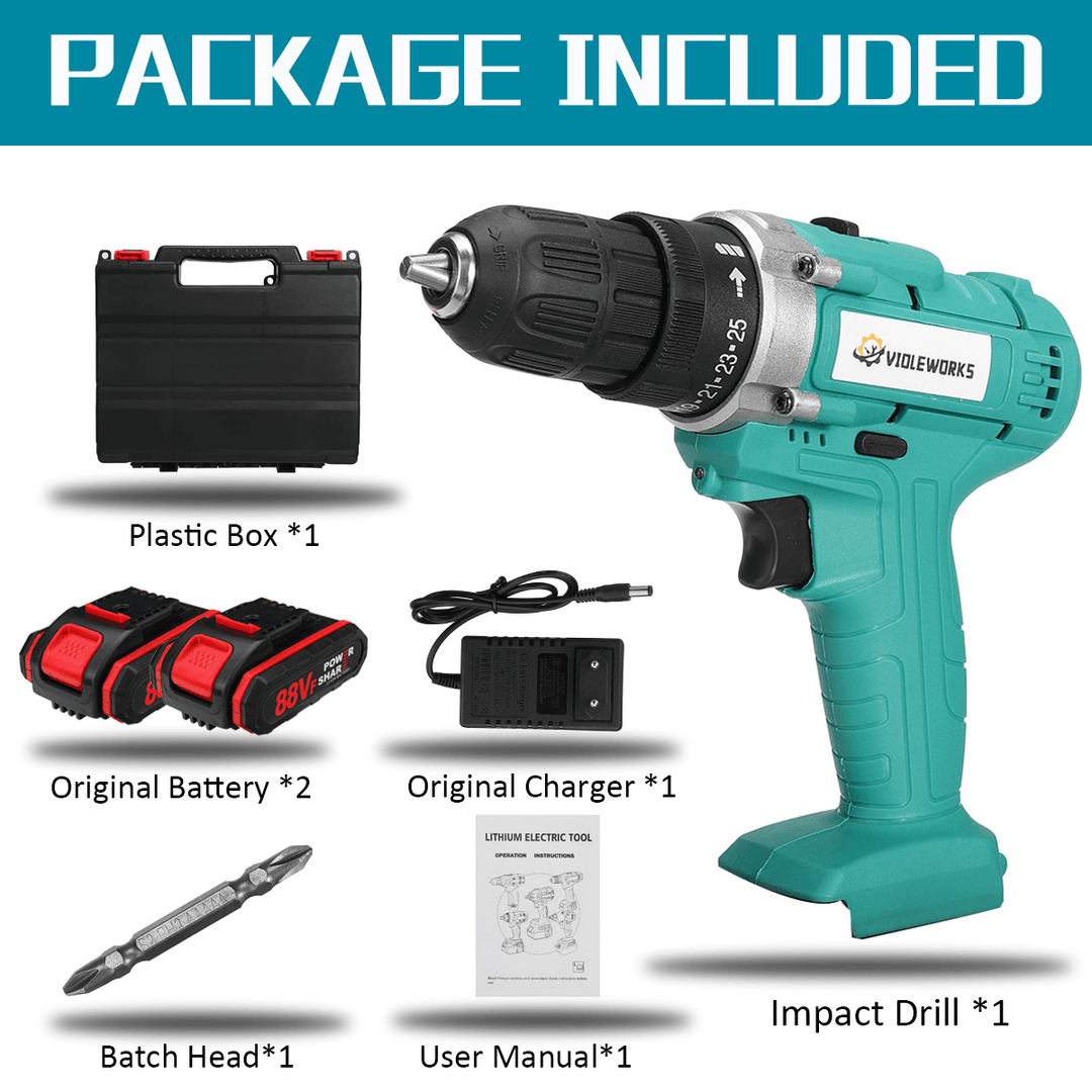 VIOLEWORKS 88VF Cordless Electric Impact Drill 2 Speed Hand Screwdriver Drill 25+1 Torque 3/8" Chuck W/ 1/2Pcs Battery - MRSLM