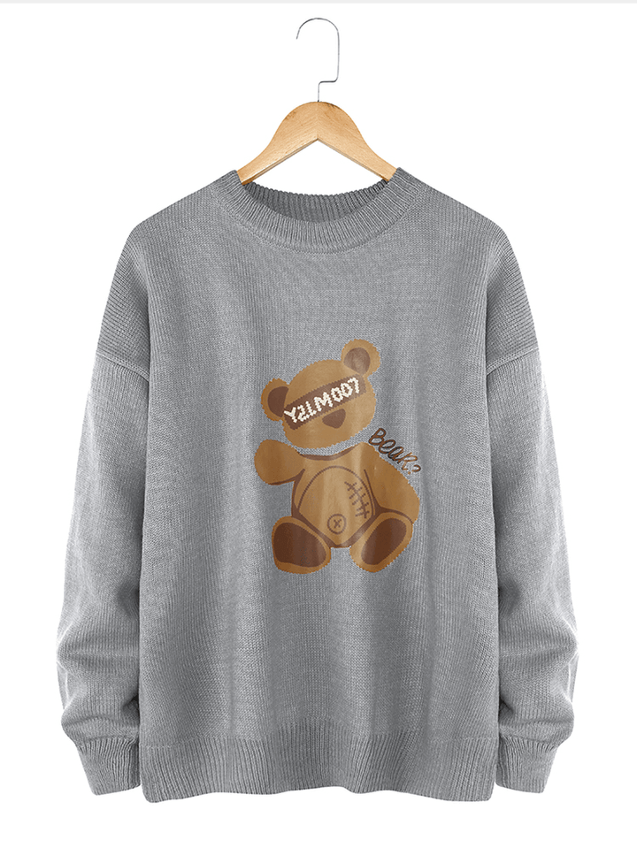 Mens Cartoon Bear Print Crew Neck Knit Casual Pullover Sweaters - MRSLM