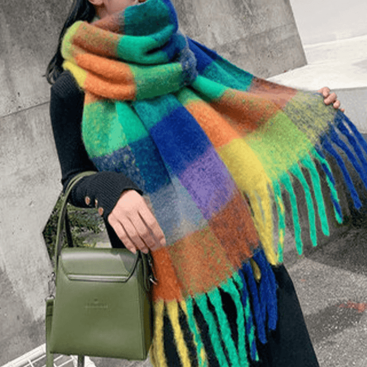 Women Cashmere Dual-Use Rainbow Mixed Color Stripes Thicken Warm plus Long Tassel Scarf Shawl - MRSLM