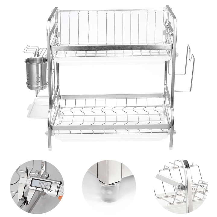 2 Tier Stainless Steel Drain Dish Rack Tableware Cutlery Drain Rack Kitchen Shelf Rack - MRSLM