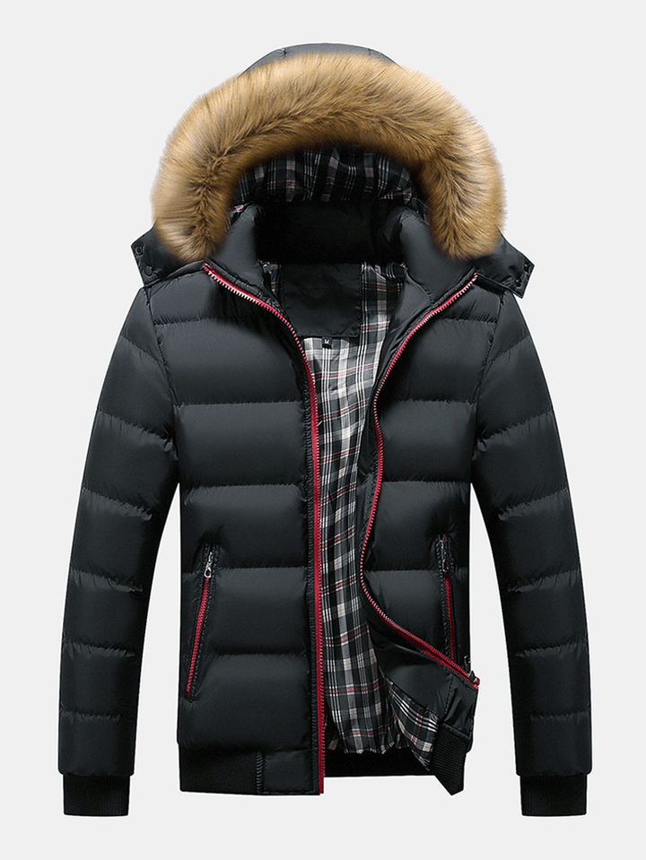 Mens Contrasting Patchwork Zipper Detachable Faux Fur Collar Hooded Thicken Coats - MRSLM