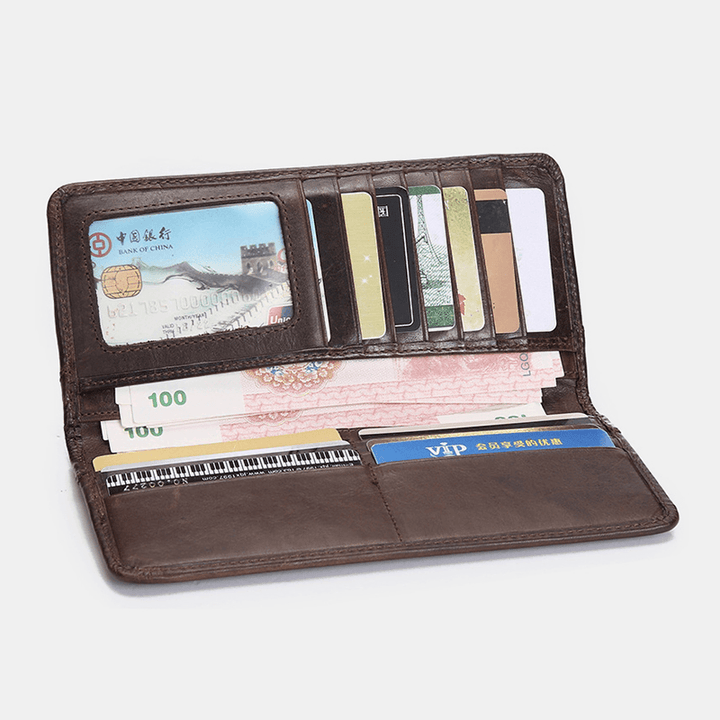 Men Retro Long Bifold Genuine Leather Wallet Casual 12 Card Slot Card Holder Money Clip Clutch Bag - MRSLM