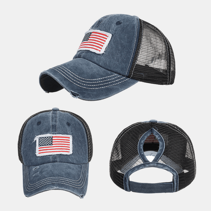 Unisex Washed American Flag Patch Ponytail Baseball Cap Mesh Breathable Casquette Summer Snapback Hat - MRSLM