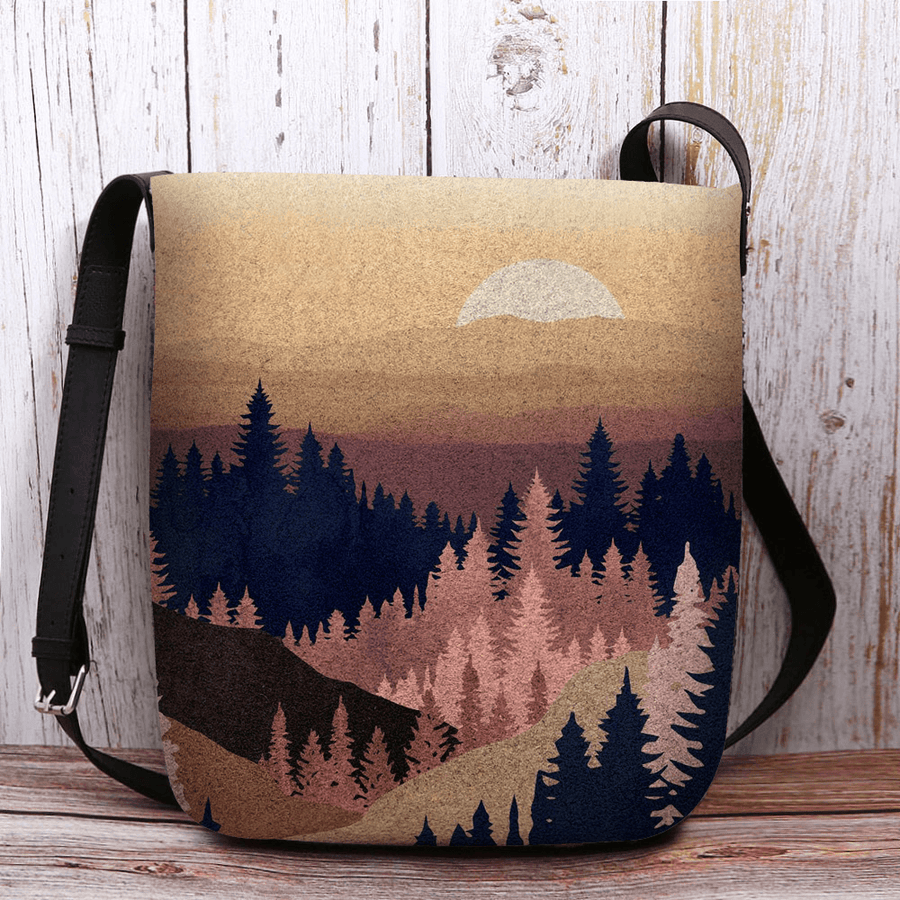 Women Felt Ladies Mountain Treetop Print Pattern Multi-Carry Personality Shoulder Bag Crossbody Bag - MRSLM