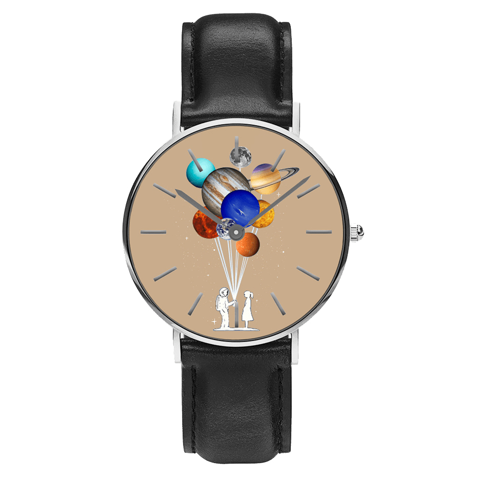 Casual Style Men Watch Cartoon Astronaut Colorful Planet Print PU Leather Strap Clock Quartz Watches - MRSLM