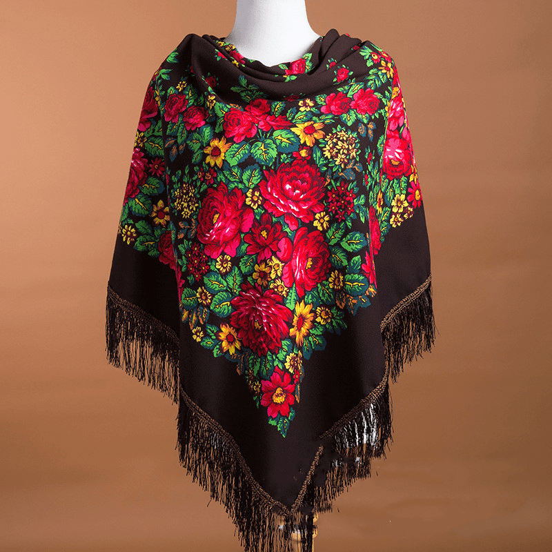 Large Square Scarf Shawl with Ethnic Print Tassels to Keep Warm - MRSLM