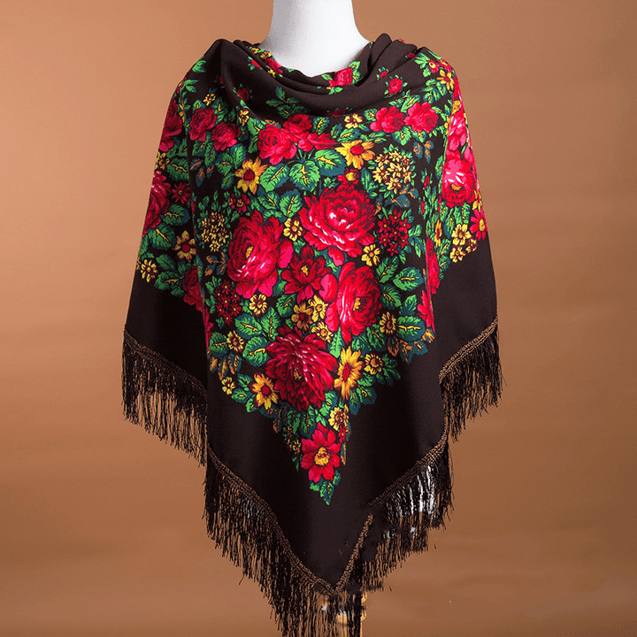 Large Square Scarf Shawl with Ethnic Print Tassels to Keep Warm - MRSLM