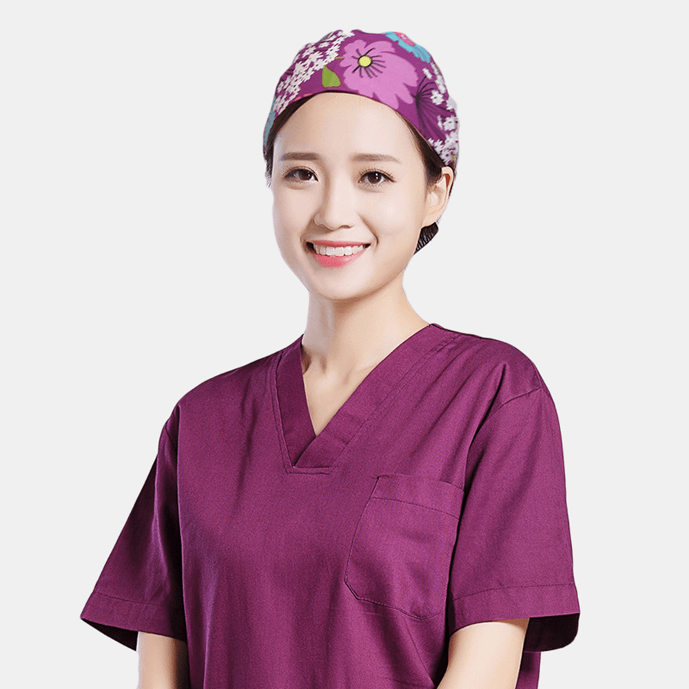 Cartoon Print Floral Elegance Tie-Back Surgical Caps Scrub Hat - MRSLM