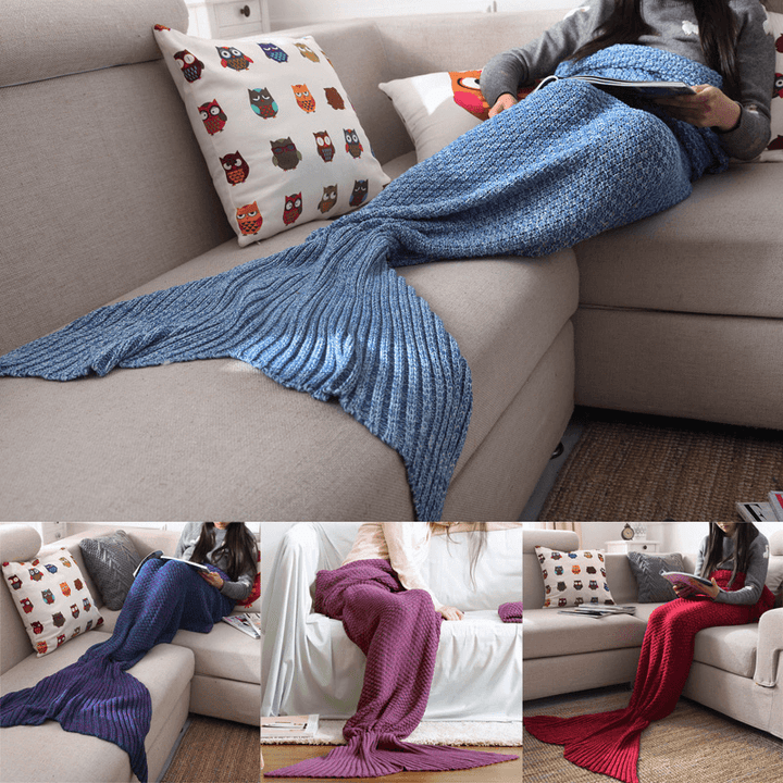 Yarn Knitted Mermaid Tail Blanket Handmade Crochet Throw Super Soft Sofa Bed Mat Sleeping Bag - MRSLM